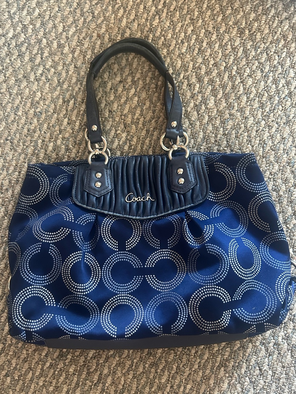 COACH Purse Ashley F20056 Dotted Op Art Gathered Navy Blue Bag